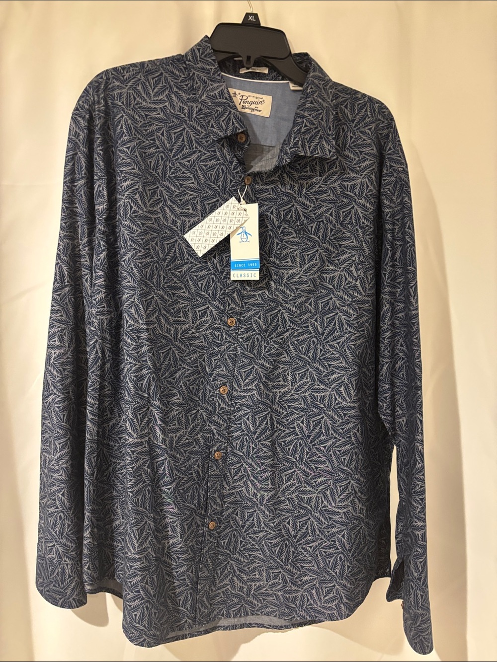 Original Penguin Men’s Navy Leaf-Print Long Sleeve Button-Down Shirt